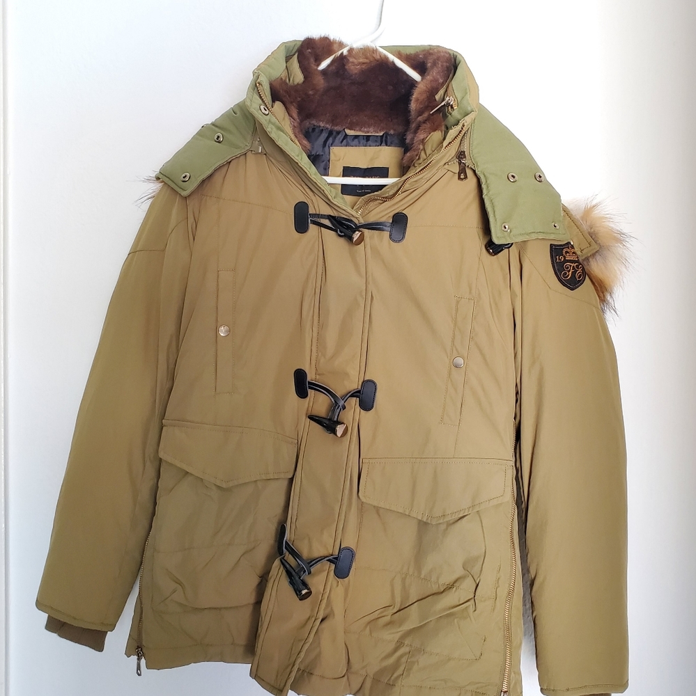 ZARA Down Puffer Khaki Jacket with Faux Fur Hood